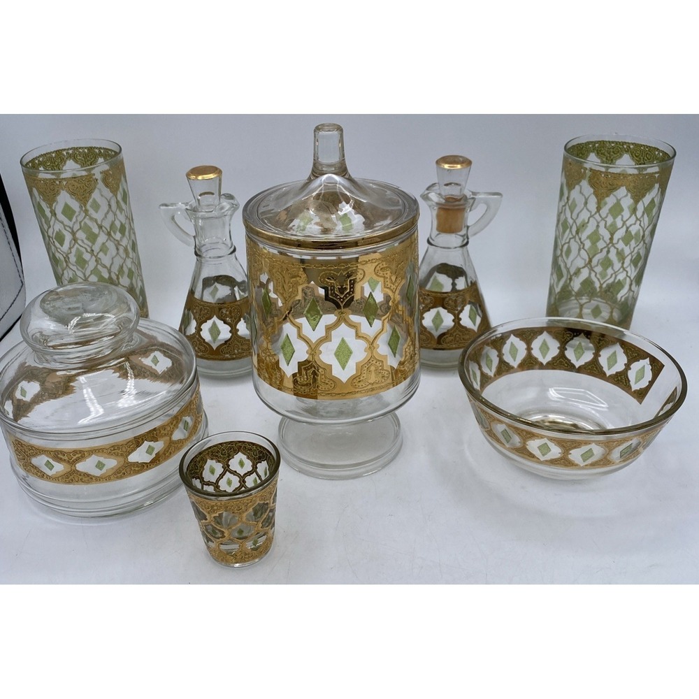 VTG Culver Valencia Mid-Century Modern 22K Gold Barware 8 Piece Bar Set